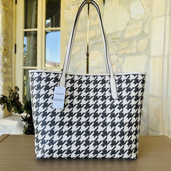 Coach City Tote with Houndstooth Print & Wristlet Set SV/Cream/Black NWT Women - Picture 4 of 10